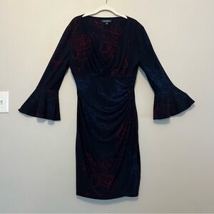 Lauren by Ralph Lauren Navy Side Cinched VNeck Bell Sleeve Career Midi Dress 14